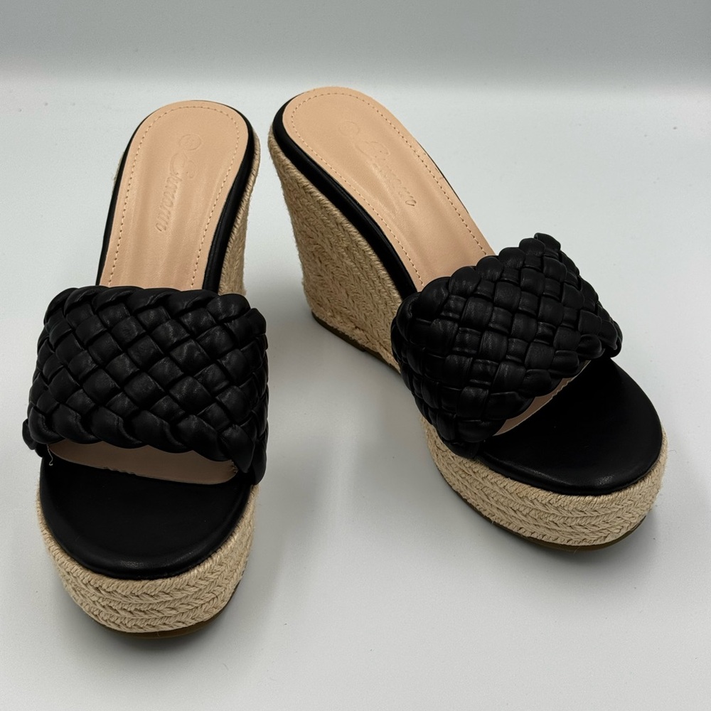 Black Woven Espadrille Platform Wedge Sandals Size 8 | Summer Slide Heel Mules